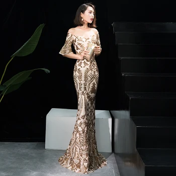 

Off Shoulder Long Party Dress Women Summer Black Gold Backless Luxury Sequined Mermaid Women Dress Sexy Slash Neck Robe Longue