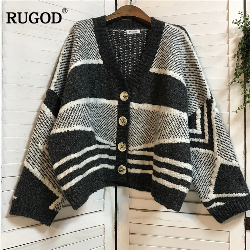 RUGOD, новинка, Модный женский шерстяной кардиган, зима, осень, короткая куртка, волшебный цвет, в полоску, длинный рукав, свободный свитер, Sueter Mujer