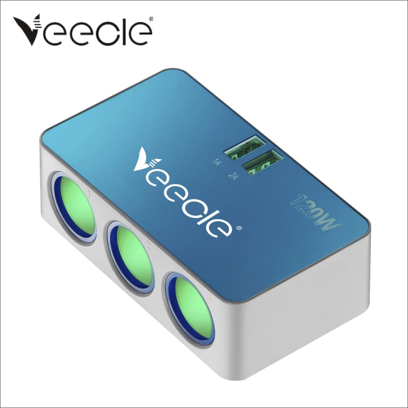 Veecle Space Aluminum Car Cigarette Lighter 2 USB Port 3 Way Socket Splitter Hub Power Adapter