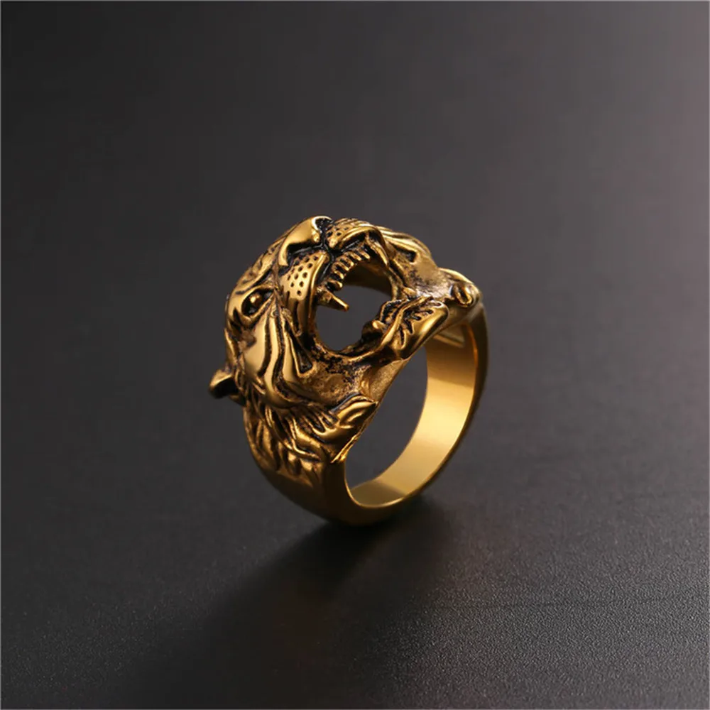 316L stainless steel antique tiger ring for men 2017 unique design gold color mans ring animal jewelry R2466G