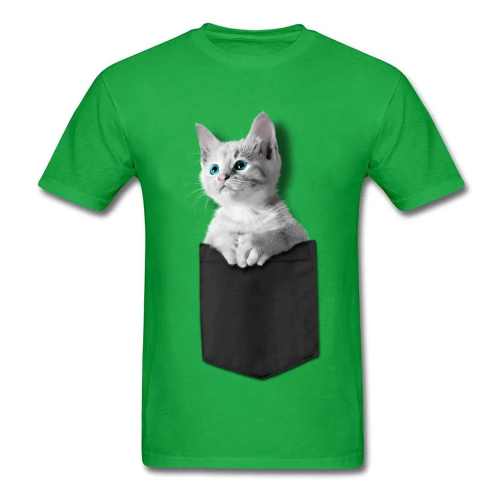 Pocket Kitten 100% Cotton Men Short Sleeve Tops Tees Normal NEW YEAR DAY Tshirts Custom T-shirts 2018 Newest Round Collar Pocket Kitten green