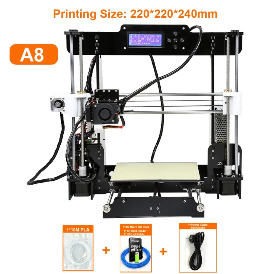 Горячая с фабрики Anet A8 Cura настольный 3d принтер с sd-картой 2004 lcd низкая шумная Высокая точность с sd-картой печати 220*220*250 мм - Цвет: A8 3D printer