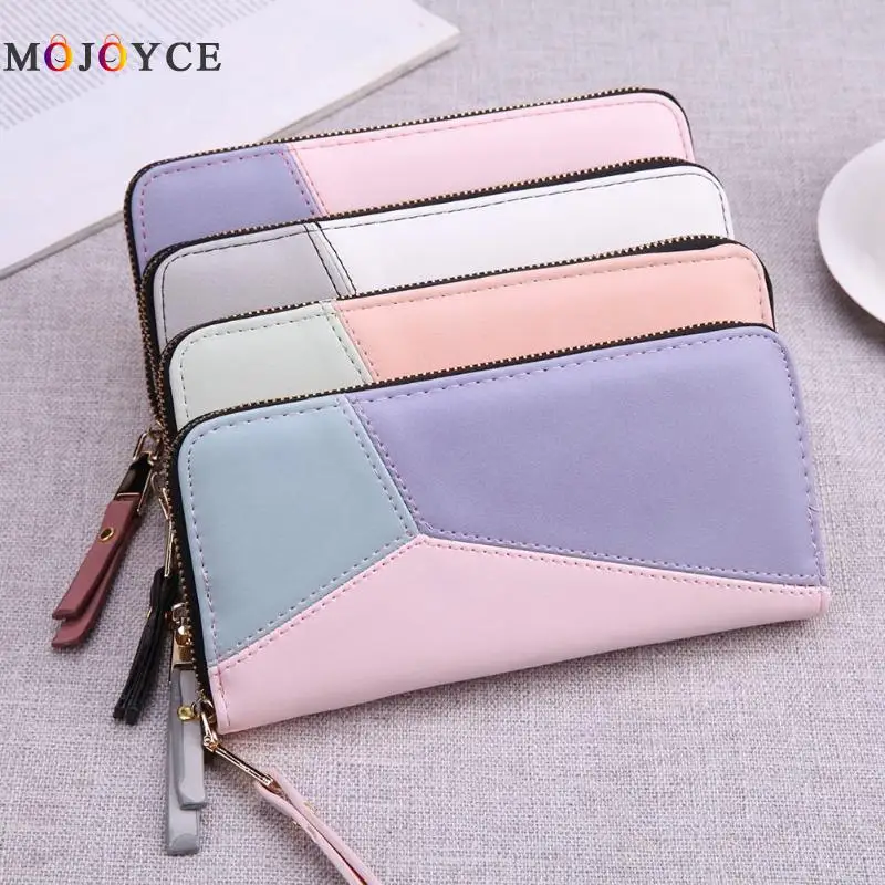 

Geometric Color Patchwork Simple Long Purse Women PU Leather Clutch Zipper Wallet Coin Card Money Holder