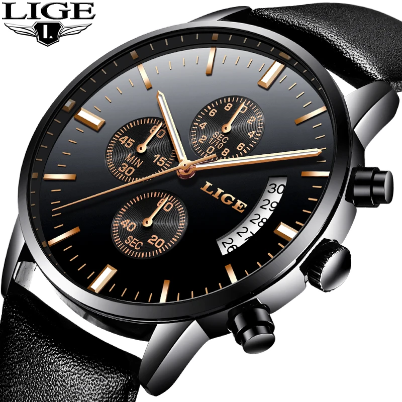 

LIGE Fashion Top Luxury Brand Mens Watches Casual Quartz Watch Men Leather Military Waterproof Sport Watch Relogio Masculino+Box