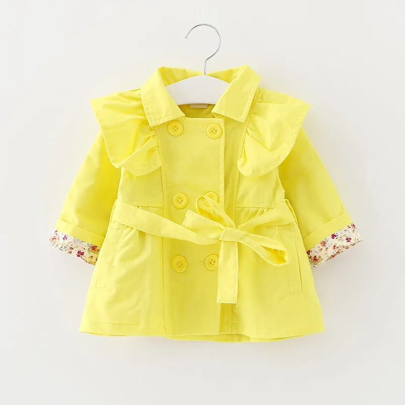 Весенняя одежда для девочек г. Осенняя двубортная ветровка в Корейском стиле для девочек милый пояс куртка яркого цвета милая куртка с оборками для девочек - Цвет: Цвет: желтый