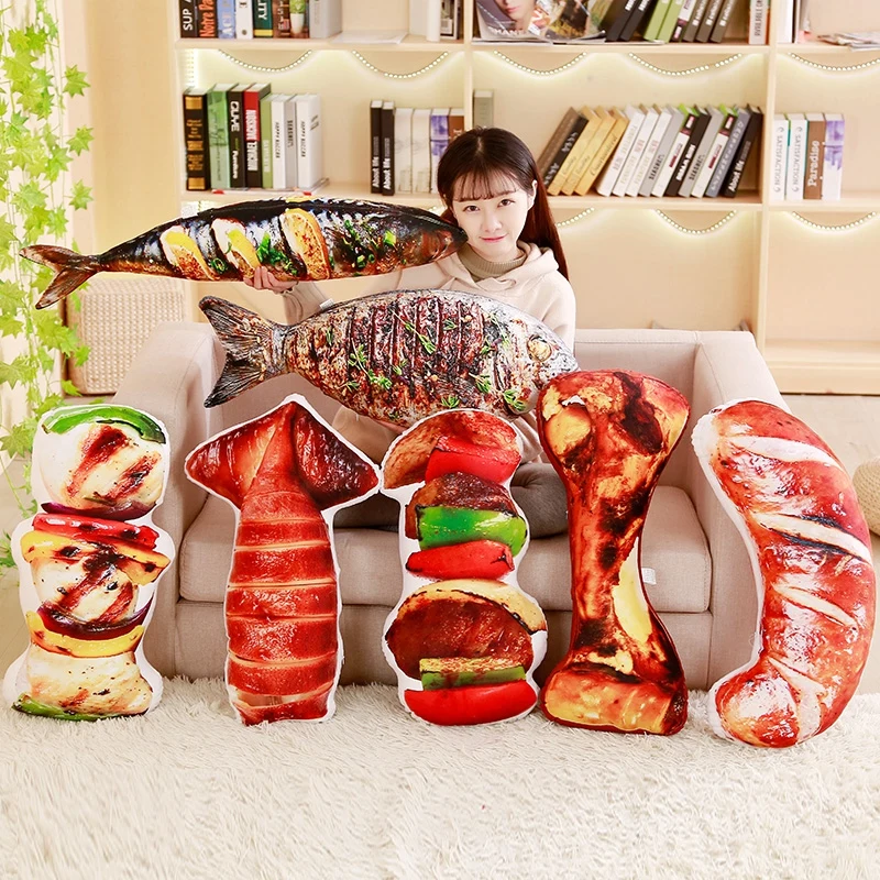 

Cute Simulation Food Plush Pillow Huge Grilled Meat Pillow Plush Grilled fish Barbecu And Big Bone Stuffed Toy