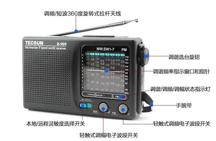 Оригинальный Tecsun R 909 R909 радио FM / MW SW 9 Диапазонный приемник слов портативное tecsun