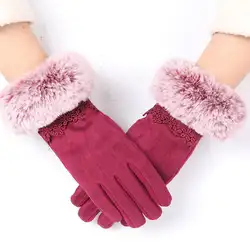 2019 Для женщин зимние теплые перчатки мех кролика запястье перчатки варежки женский двойной бархат шерсть теплоизолирующего флиса женские