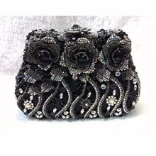 8268BK Black Crystal ROSE Flower Floral Wedding Bridal Party Night hollow Metal Evening purse clutch bag case box handbag