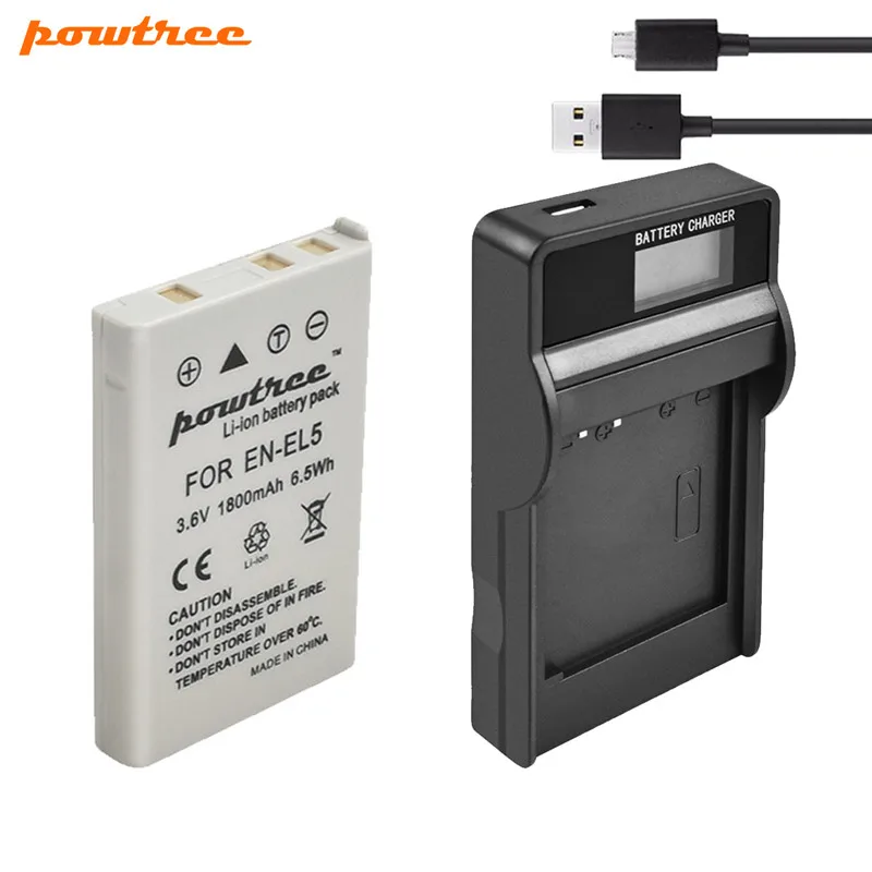 Powtree-batería EN-EL5 para cámara Digital, Cargador USB para Nikon Coolpix P4 P80 P90 P100 P500 P510 P520 P530 P5000 P5100 L10, 1800mAh