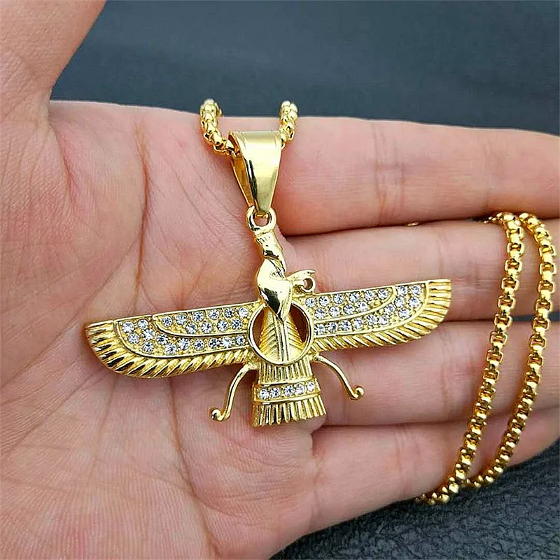 

Stainless Steel Men Hip Hop Rhinestone Eagle Pendant Vintage Persian Empire Zoroastrianism Mitra Central Asia Ancient Jewelry