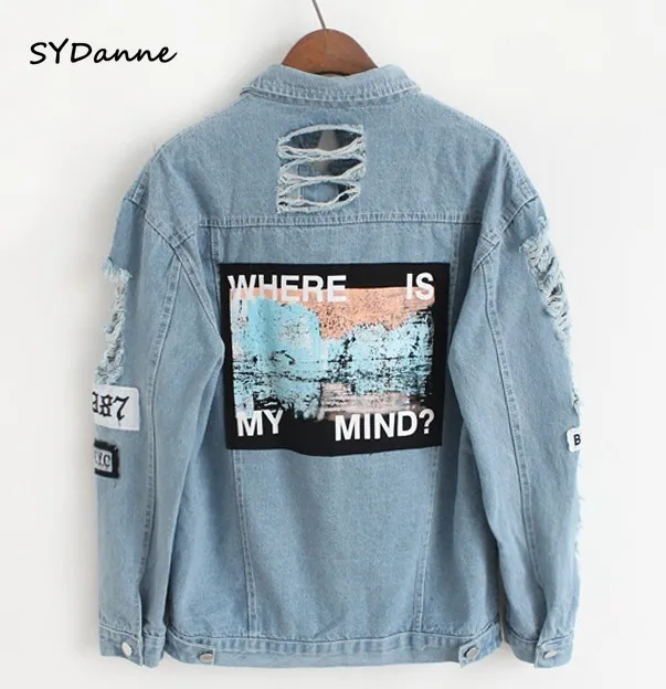 

Women Frayed Denim Bomber Jacket Appliques Print Where Is My Mind Lady Vintage Elegant Outwear Autumn Fashion Coat Vangull 2018
