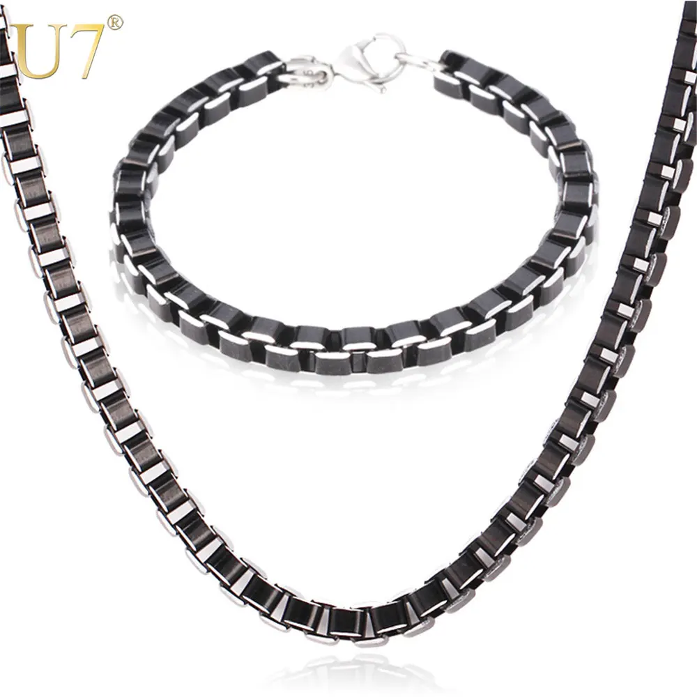 

U7 Stainless Steel Jewelry Sets Black Box Link Chain For Men Jewelry Fashion High Quality Necklace Set Bracelet Men S649
