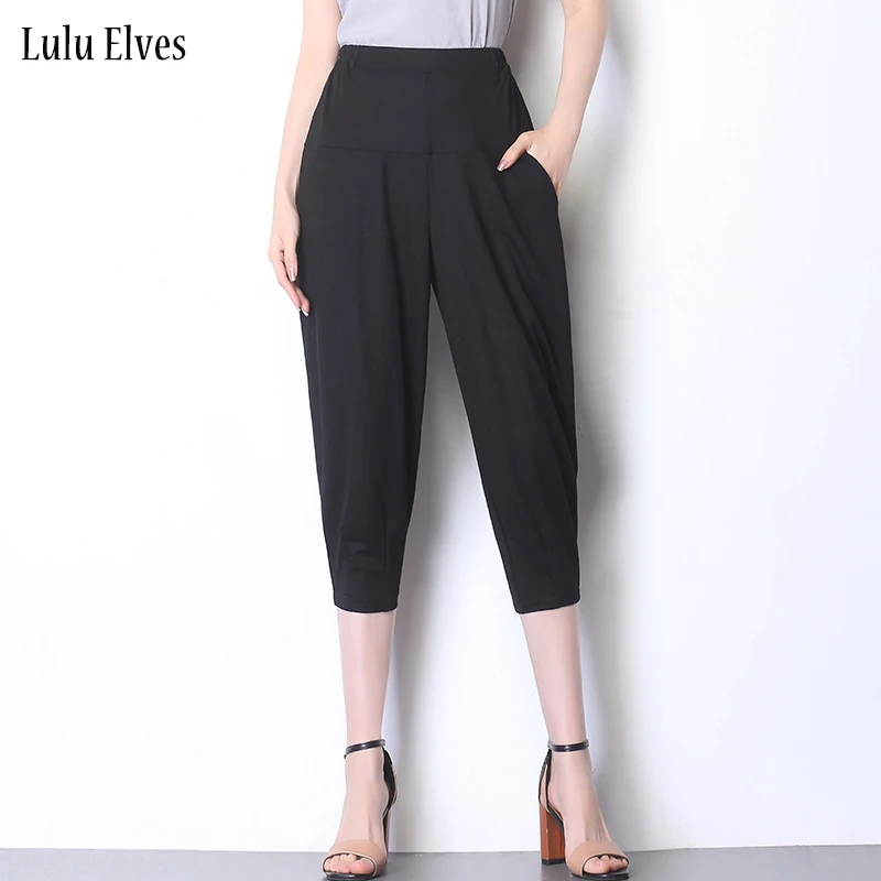

Extra Large Plus Size 6XL Women Pants New Summer Capris Loose Elastic Waist Cross Pants Casual Tencel Pant Capris For Women