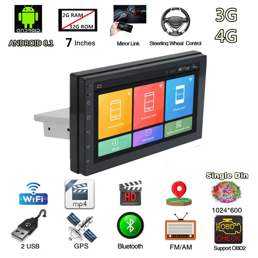 

Touch 7" Screen 1DIN Android 8.1 Car Stereo Radio GPS Player 4-Core Wifi ROM 32G