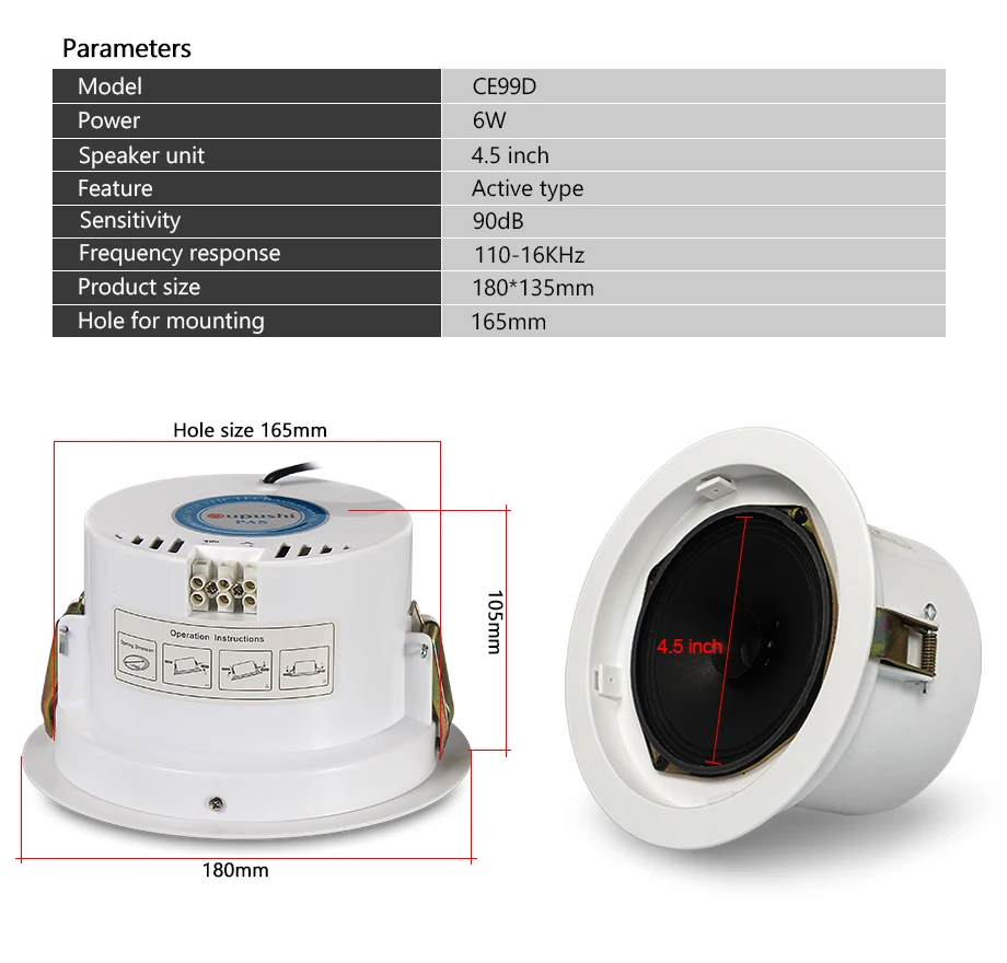 OUPUSHI CE99D 4,5 дюймов активный потолочный динамик 6 Вт белый для домашнего ресторана церкви