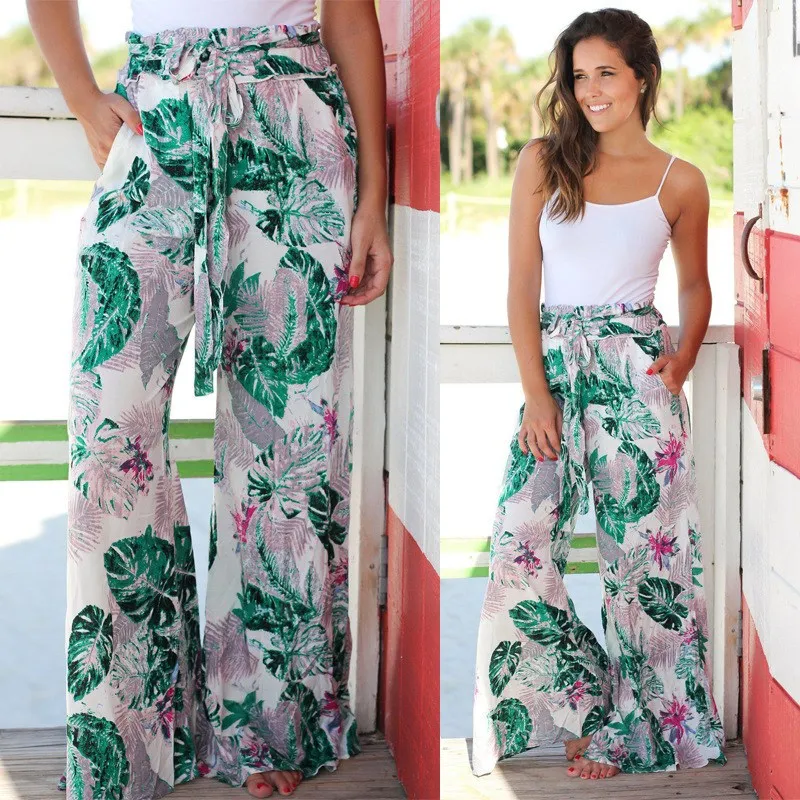 Fashion Summer Women Green Palm Leaf Print Pants Causal Bohemian High Waist Beach Wide Leg Trousers Loose Lace Up Yoga Pants Fashion Summer Women Green Palm Leaf Print Pants Causal Bohemian High Waist Beach Wide Leg Trousers Loose Lace Up Yoga Pants