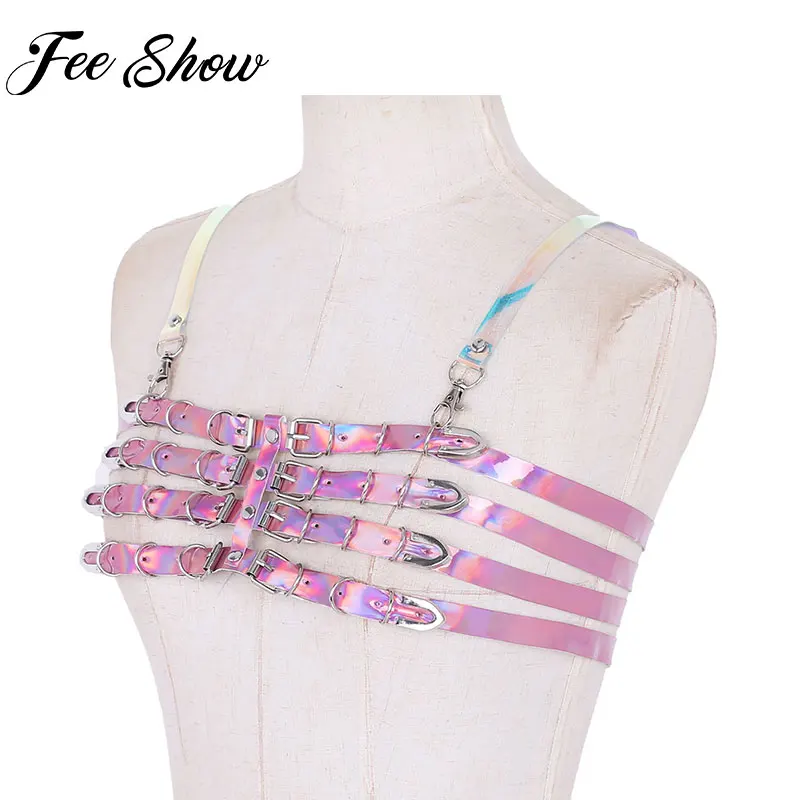 Women Fashion Punk Shiny Faux Leather Chest Harness Belts Holographic