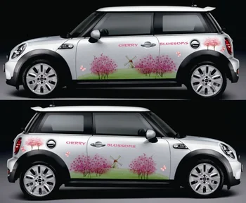 

LEFT SIDE Car Stickers Both Sides and Hood Pink Tree Windwill Charger Floral Body Graceful Pretty Flower Waterproof Vinyl Fresh
