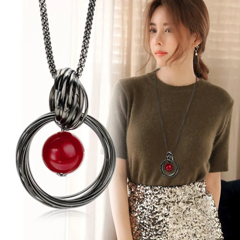 

Trendy Long Necklace Women Jewelry Big Round Simulated Pearl Sweater Chain Statement Necklaces Pendant Punk Collier Femme Bijoux