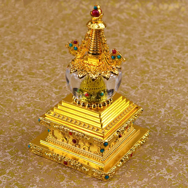 14 см сплав металла Bodhi ступа башня, мини Молитвенное Колесо, солнечная энергия авто пагоды шесть слов мантра украшения