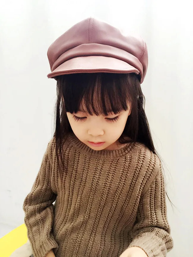 Одноцветное Цвет восьмиугольная Кепки модные осень-зима корейских детей Pu берет малыша шляпа Открытый Кепки s мальчики девочки Повседневное Шапки