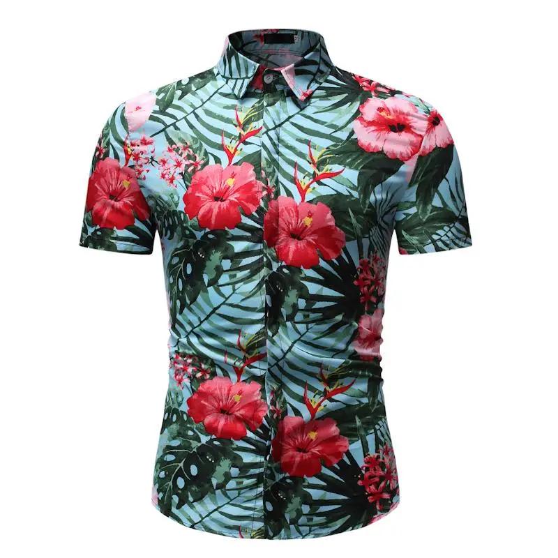 

Mens dress Shirts Flower Short sleeve Floral Hawaiian Shirt Men's clothing Social Blouse Men Slim Summer
