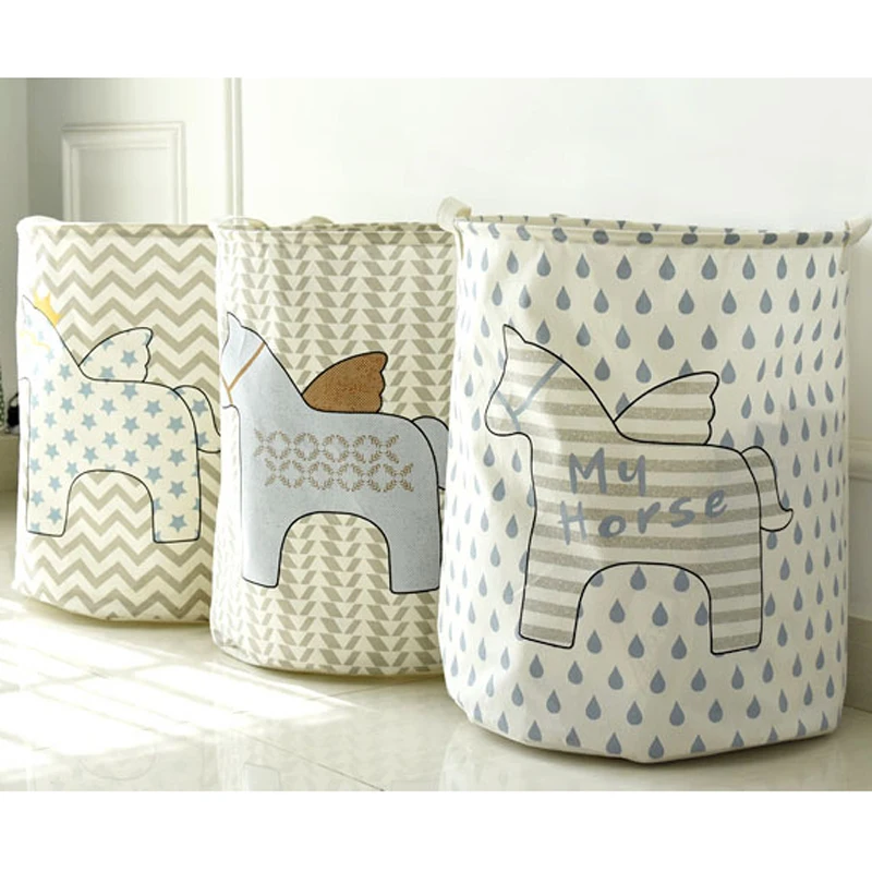 

Zakka Household Cartoon Horse Pattern Cotton Linen Multifunction Handle Stackable Storage Box Barrel Folding Laundry Organizer