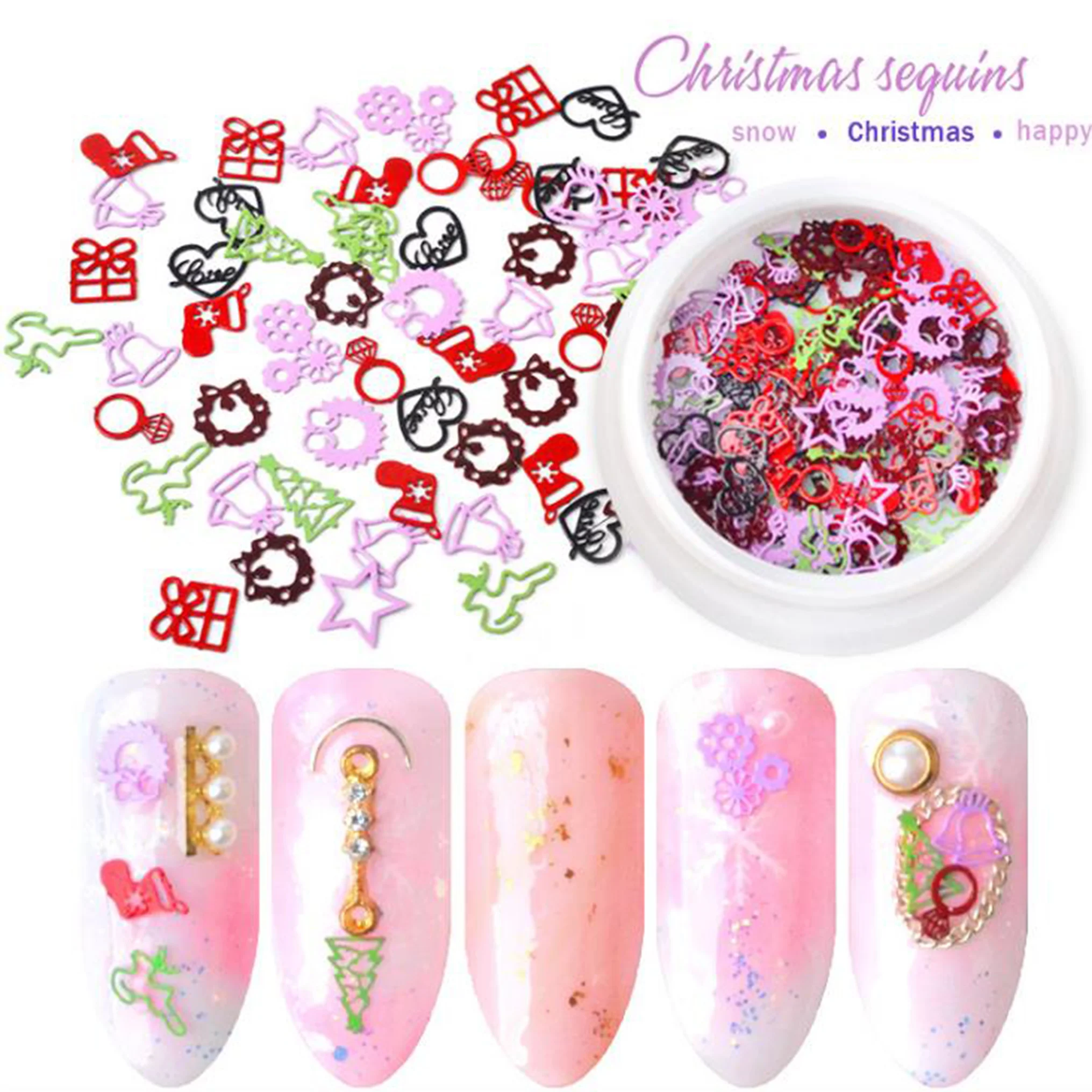 

1 Box 3D Nail Art Decorations Colorful Hollow Tiny Christmas Metal Slices Nails Decoraciones Mixed Design Decorations For Nails