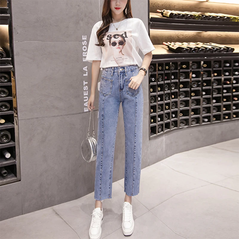 

DSQUAENHD 2018 Casual Slim High Waist Jeans New Womens Pants Denim Spliced Capris Front Pocket Straight Ankle-Length Pant