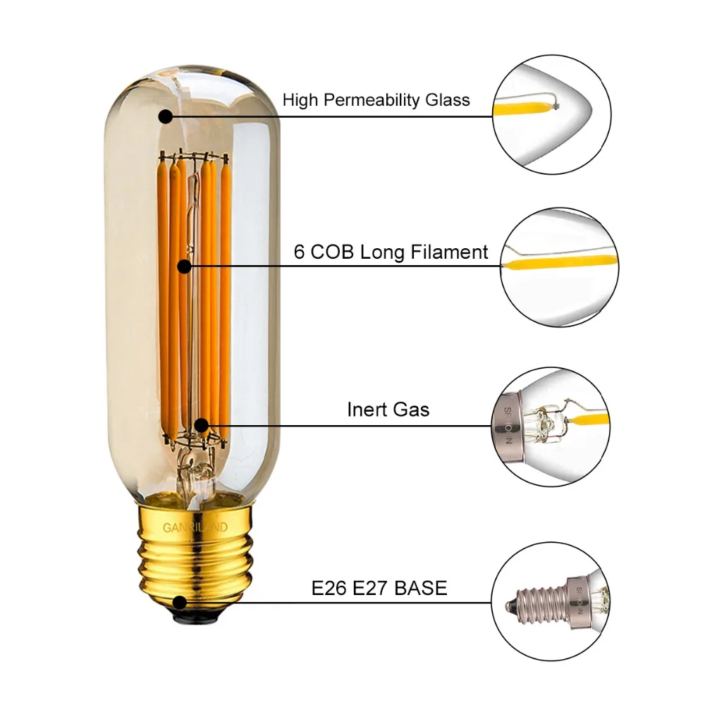 GANRILAND светодиодный E27 с золотым оттенком Edison T45 трубчатый светодиодный светильник с длинной нитью накаливания 6 Вт 2200 к E26 E27 декоративный подвесной светильник с регулируемой яркостью