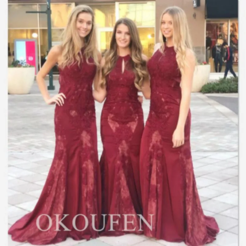 2020 Mermaid Burgundy Lace Bridesmaid Dresses Sexy Keyhole Neck
