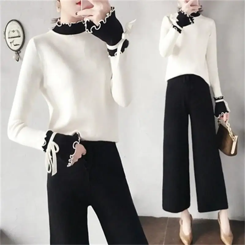 

Fashion Knitwear Suit Women's Spring New Korean Temperament Knitwear Loose Sweater + Wide Leg Pants Sweater Pants Two-Piece Set
