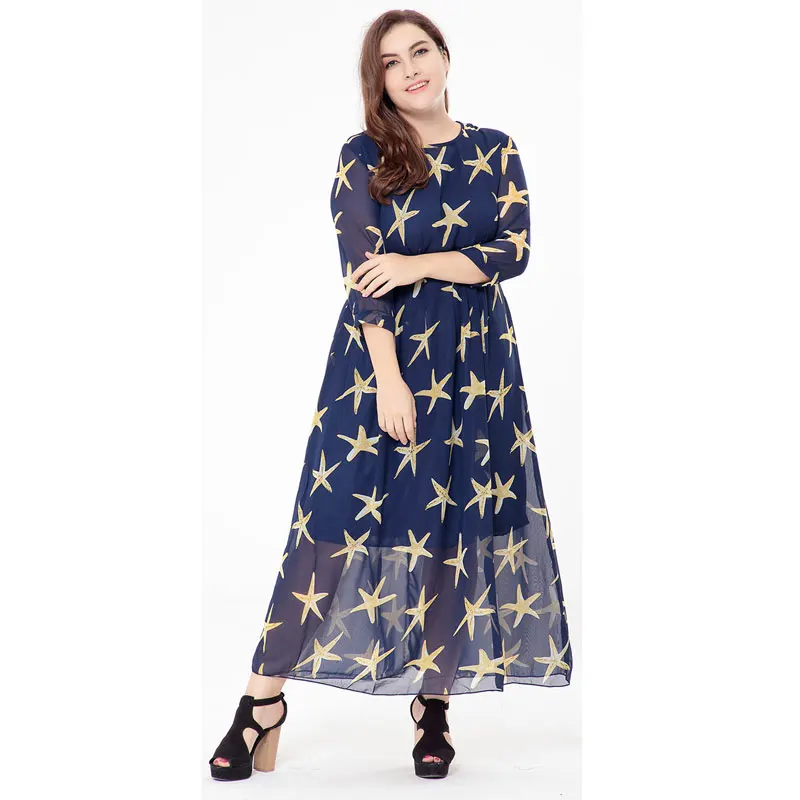

Big size 6XL 2019 Summer Woman chiffon dress Loose Pentagram printed long dresses plus size Fat MM women clothing 6xl dress