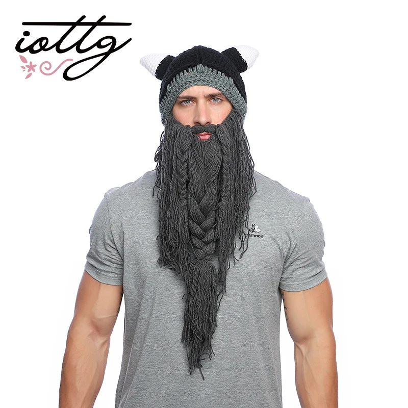 IOTTG Adult Viking Beard Beanie Horn Hat Winter Warm Mask Hat Wool