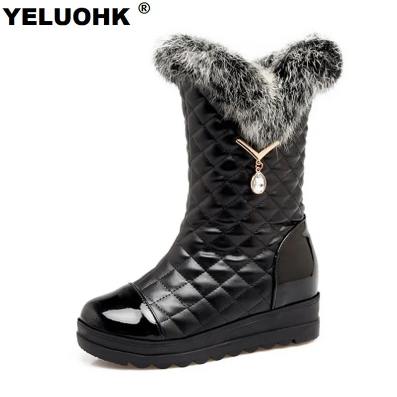 

Waterproof Winter Boots Women Shoes Crystal Mid Calf Snow Boots Platform Shoes High Boots Winter Women Leather Large Size