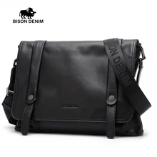 BISON DENIM Genuine Leather Men’s bags,Flap Pocket Messenger Bag Fashion Black crossbody bags for men high quality N2422-3B