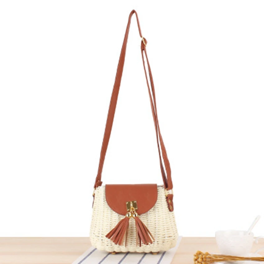 

College style new rattan bag small fresh sloping straw bag beach holiday leisure single shoulder women's woven bag