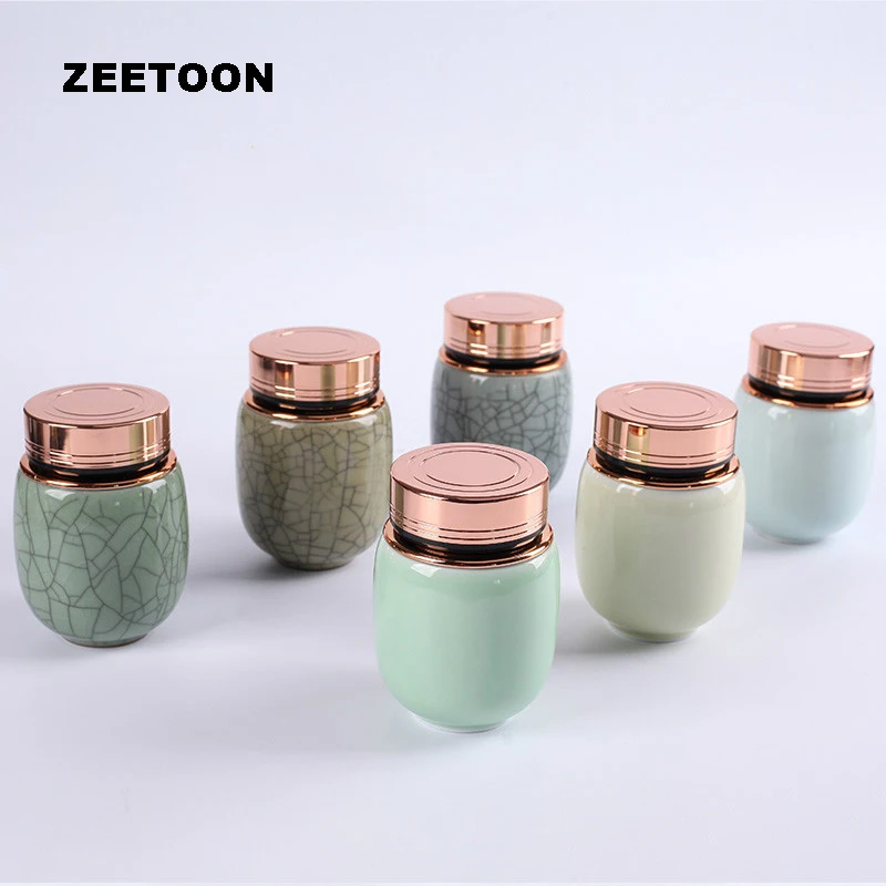 

Portable Mini Tea Cans Metal Cover Ceramic Longquan Celadon Geyao Small Tea Pot Caddies Coffee Beans Jar Candy Storage Canister