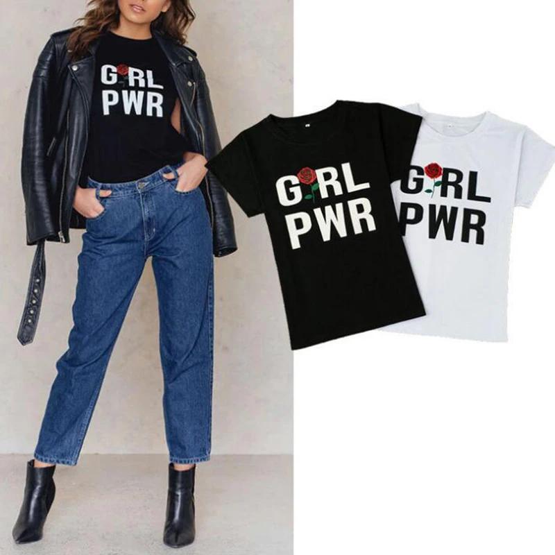 

New Women Summer T-shirt Letter Printed GIRL PWR Rose Pattern Short Sleeve Girls Sweet Tops Tees Shirt Free Shipping