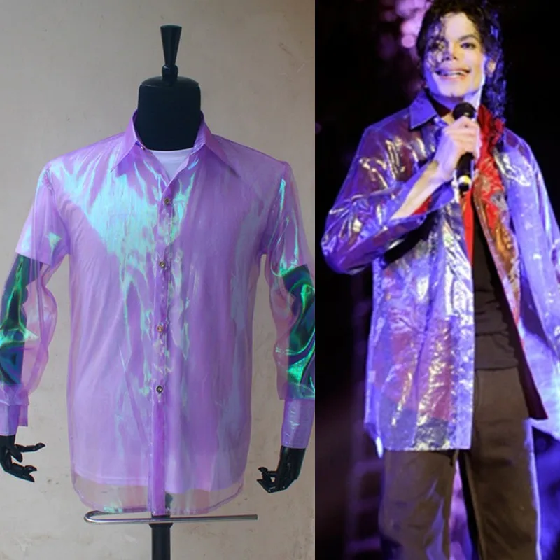 

Rare PUNK Rock Casual Classic MJ iridescent purple twinkle organza button front This it it shirt Michael Jackson Costume