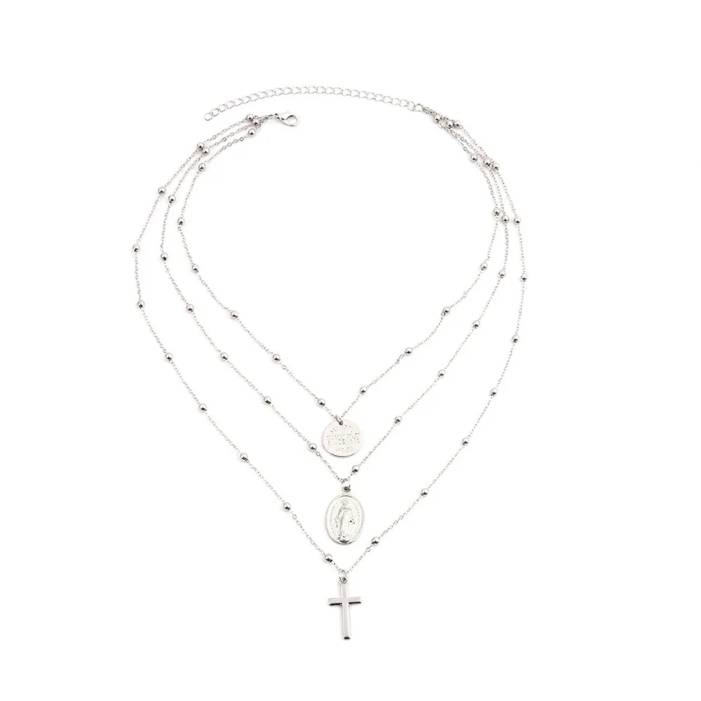 

Elitven Bead Chain Layered Fashion Necklace Cross Pendant Fake Gold/Silver Tone Necklace Korean Jewelry Trendy 2019