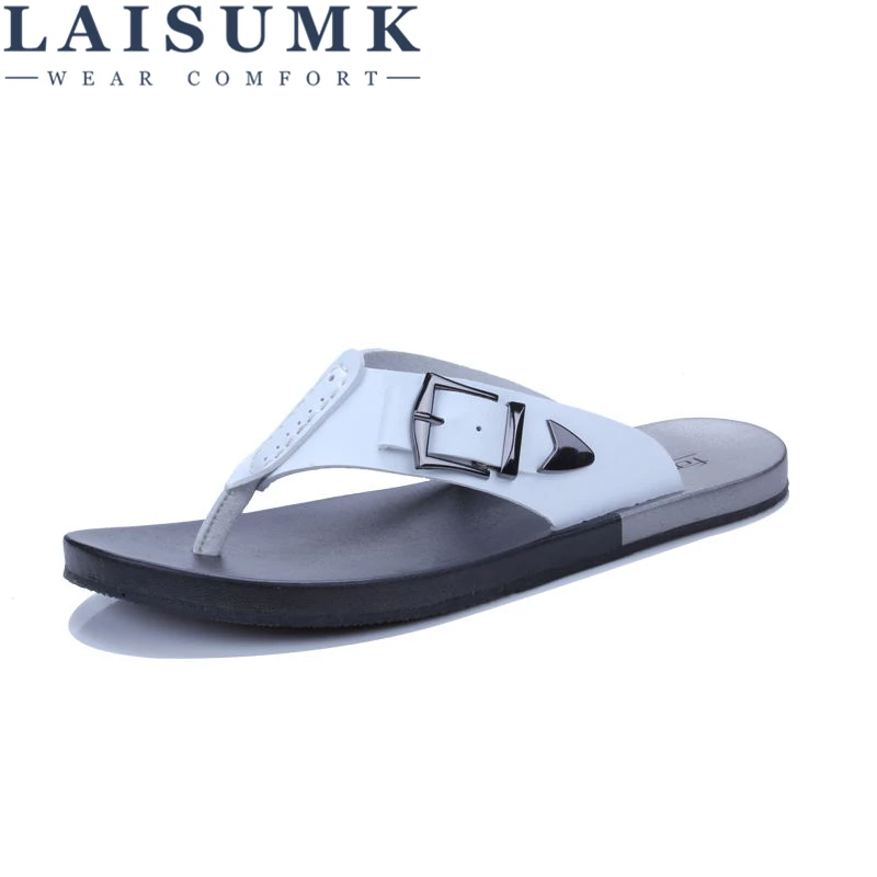 

LAISUMK Brand New Arrival Slippers High Quality Handmade Cow Genuine Leather Summer Shoes Fashion Men Beach Sandals Flip Flops