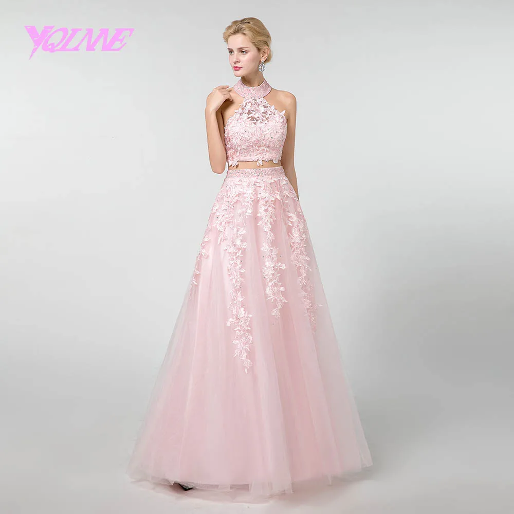 YQLNNE розовые длинные платья для выпускного на бретелях из двух частей Хрустальная Кружевная аппликация вечерние платья для девочек с открытой спиной YQLNNE