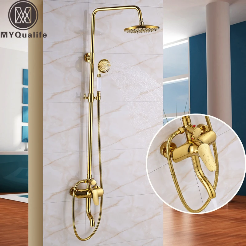 

Luxury Golden Shower Mixer Complete Set Single Lever 3 Functions Bath and Shower Faucet Tap with Watering Can Rainfall 8" Head