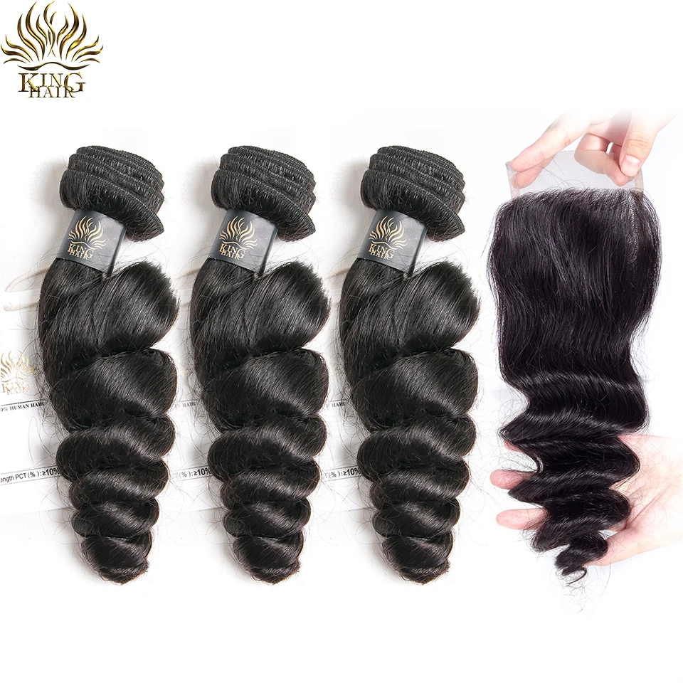 King Hair Loose Wave Bundles with Closure Remy Human Hair Bundles with Closure Mongolian Hair Weave 3 Bundles with Closure