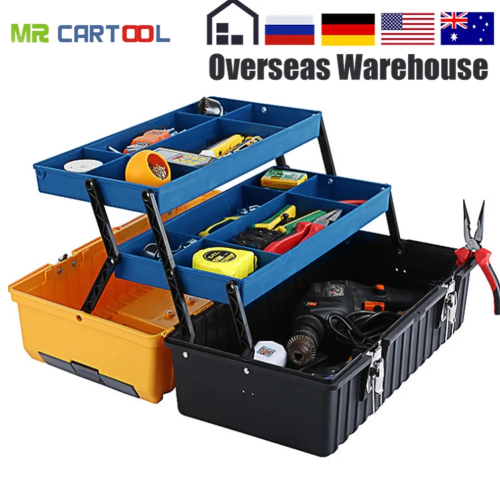 

Large 3-Tray Folding PP Plastic Tools Organizer Box With Handle Multi-Functional Lock Hole Design Home Use Storage With Work Bin
