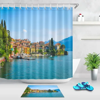 

LB View of Lake Como Europe Shower Curtain Scenic with Mat Set Waterproof Bathroom Luxury Custom Fabric For Nature Bathtub Decor