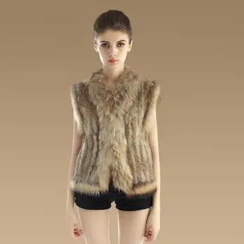 

Hot Sale Women's Vest Real Rabbit Fur Waistcoat Thick Knitted Rabbit Fur With Raccoon Fur Collar Vest Top Quailty Winter Vest