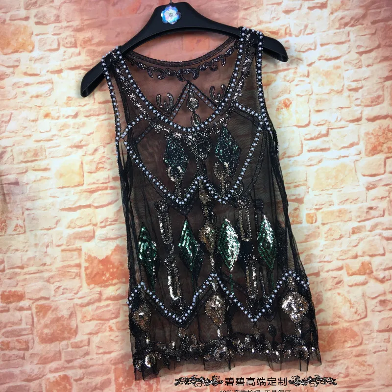 Blusa настоящая Новинка года Аутентичные чистая Пряжа прозрачный тяжелой промышленности бисера Бусины Блёстки вышитые цветы жилет дна проводов - Цвет: Черный